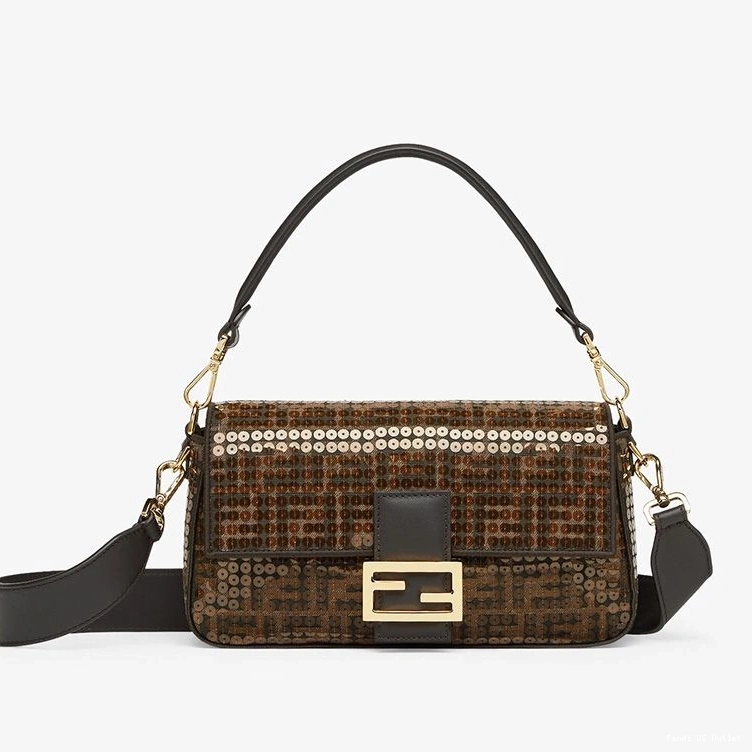 HOT Baguette Bag with FF Motif Brown Medium Fabric In Fendi Sequins 0713